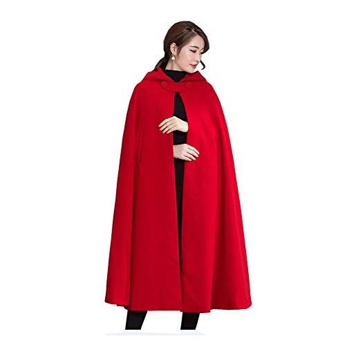 Yimidear donna cappotto mantello con cappuccio misto lana poncho mantella lungo cape impacco del mantello (rosso)