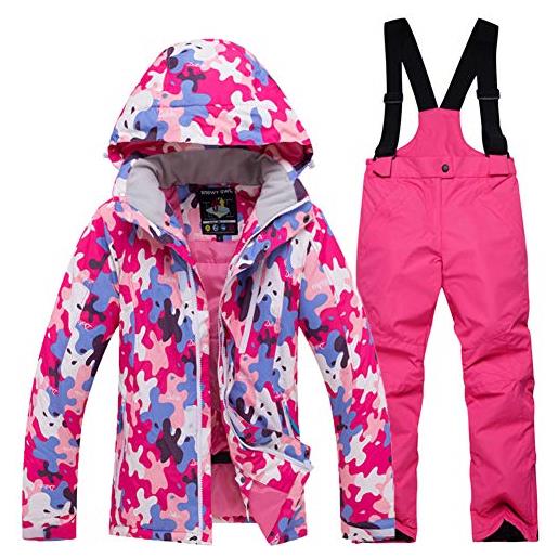 YFPICO tuta da sci bambino bambina invernale con cappuccio sci giacche sci pantaloni 2 pcs, tuta da neve per ragazzi ragazze modelli colorati calore impermeabili cappotti 4-12anni