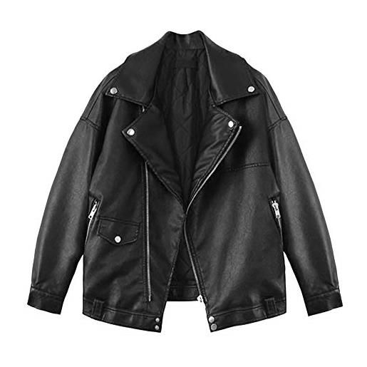 YAOTT donna classico giacca corta in ecopelle pu punk stile motociclistico cappotto oversize giacca bomber cappotto a biker cerniera jacket pile nero m