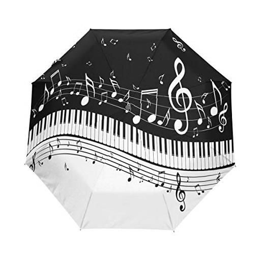 QMIN - ombrello pieghevole automatico con note musicali, chiavi per pianoforte, antivento, anti-uv, da viaggio, compatto, per donne, uomini, ragazze