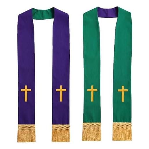 BLESSUME stola reversibile del pastore del clero della chiesa, verde e viola 2, taglia unica