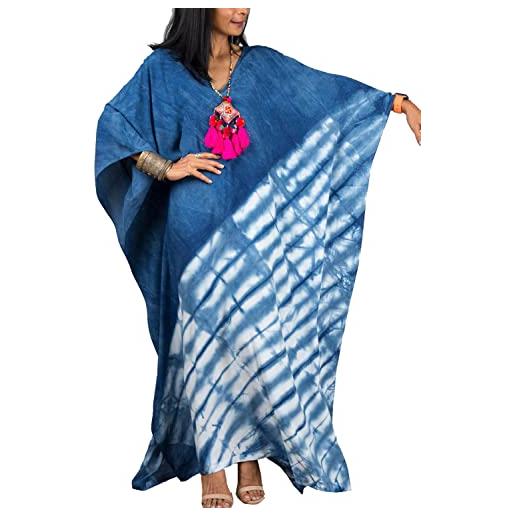 Youkd abito estivo lungo caftano bohemien spazioso abito da spiaggia coprire plus size vestito per le donne, blu e bianco 2. , taglia unica