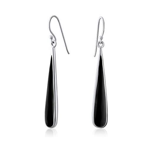 Bling Jewelry simplistic boho fashion black onyx inlay long flat teardrop shaped dangle earrings for women teen. 925 sterling silver fish hook wire threader