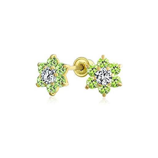 Bling Jewelry piccolo verde lime cz fiore orecchini per le donne per adolescenti cubic zirconia simulato peridoto 14k oro reale vite indietro