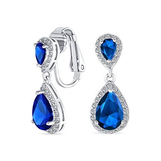 Bling Jewelry blue teardrop cz halo prom drop statement lampadario clip on earrings simulazione di zaffiro cubic zirconia argento placcato ottone