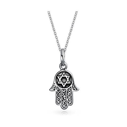 Bling Jewelry amuleto talismano filigrana hamsa mano di dio stella di david collana per donne per adolescenti ossidato nero. 925 argento