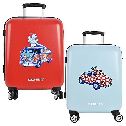 Kukuxumusu set 2 valigie da viaggio, 56,5 x 42 x 21 cm, ognuna in abs e policarbonato, 4 ruote 360 e lucchetto, turchese e rosso