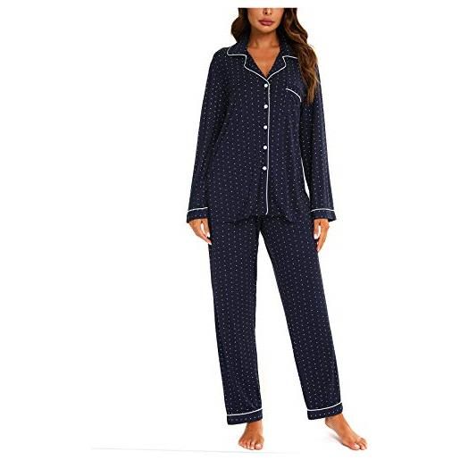 amropi donna 2 pezzi manica lunga pigiami sets morbido tops e pantaloni camicia da notte (nero, m)