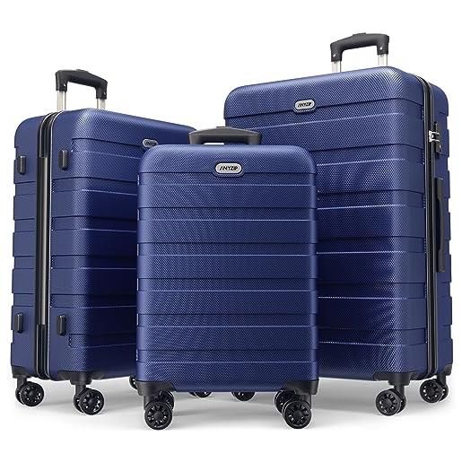AnyZip set di 3 valigie rigide pc abs leggeri valigie da viaggio con chiusura tsa e 4 ruote doppie girevol （m-l-xl-set）(blu scuro, set)