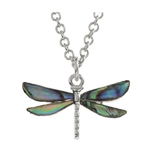 Kiara Jewellery collana con ciondolo intarsiato a forma di libellula con conchiglia naturale di aliotide di paua di colore blu verdastro, con catena forzatina da 45,7 cm