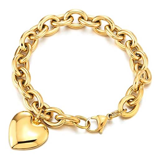 COOLSTEELANDBEYOND oro color rolo catena charm bracciale soffio cuore, braccialetto di fascino, acciaio inossidabile, link lucido