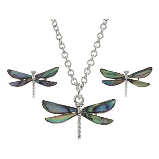 Kiara Jewellery - set di collana e orecchini a perno con ciondolo a forma di libellula incastonati con conchiglia di abalone verde bluastro naturale su catenina da 46cm