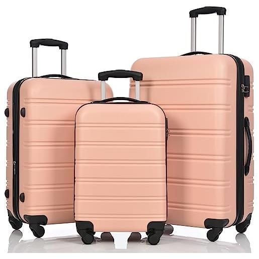 Merax set di 3 valigie, valigetta rigida, abs, leggera, bagaglio a mano, espandibile, 4 rotelle, m-l-xl, rosa, colore: rosa. , set da 3, set di bagagli