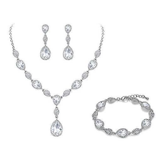Clearine gemma diamante goccia matrimonio sposa costume dichiarazione y-collana orecchini pendenti pendenti tennis bracciale set per donne trasparente gemme