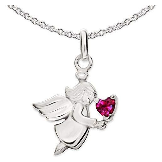 Clever schmuck collana da bambina con ciondolo a forma di angelo con zirconi e cuore rosso rubino in mano e catena a pisello 42 cm in argento sterling 925