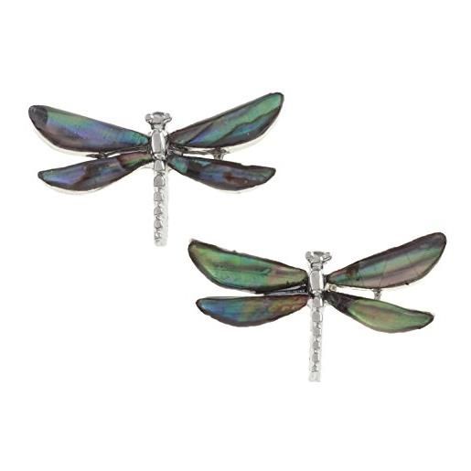 Kiara Jewellery, orecchini a perno a forma di libellula intarsiato con conchiglia di abalone in tonalità di verde e blu. Placcatura al rodio color argento, ipoallergenico, a prova di ossidazione. 