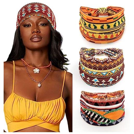 Zoestar fasce per capelli larghe africane annodate a turbante con stampa bohémien, eleganti sciarpe elastiche per donne e ragazze (confezione da 3) (b)