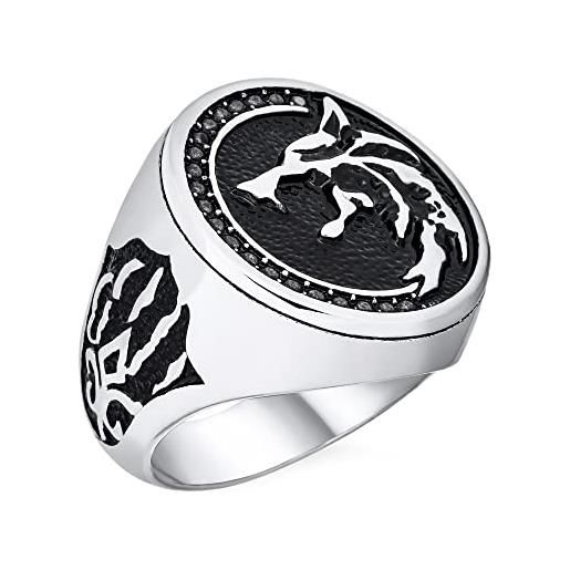 Bling Jewelry personalizza hunter animal norse viking warrior signet fierce roaring big wolf head coin ring for men oxidized stainless steel personalizzabile