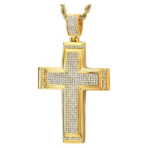 COOLSTEELANDBEYOND colore oro collana con pendente croce con zirconi pavé, uomo donna ciondolo croce, acciaio inossidabile, 75cm