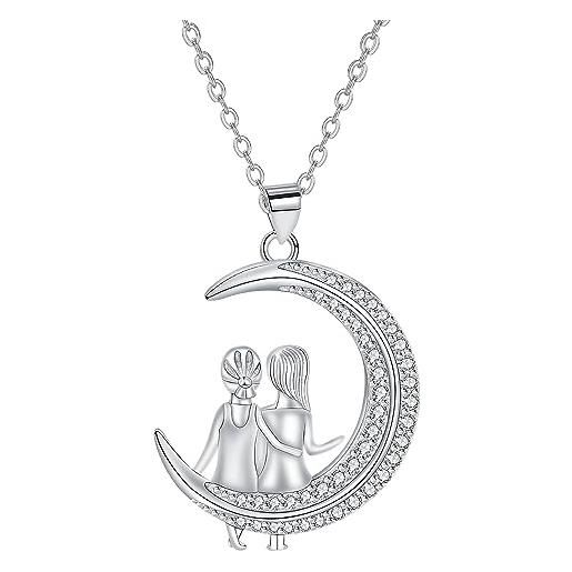 Hifeeled collana sorella donna argento sterling 925 ciondolo luna con zirconia cubica, gioielli regali per donna ragazze -anallergica |45cm+5|