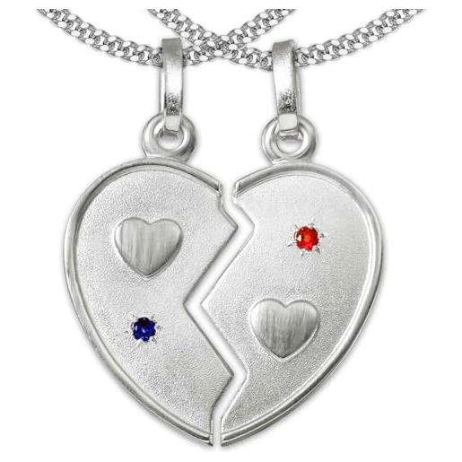 CLEVER SCHMUCK - set di due ciondoli a forma di cuore spezzato, in vero argento 925, con vere pietre preziose di zaffiro e rubino, comprese 2 catenelle a maglia piatta ciascuna da 50 cm