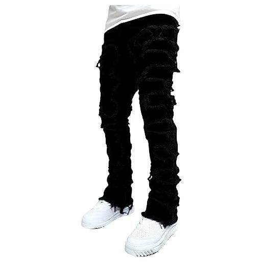 Vioyavo pantaloni di jeans da uomo gamba dritta strappato pantaloni uomo elegante casual pantaloni slim fit strappato skinny blu pantaloni hip hop moda uomo taglie forti (nero, l)