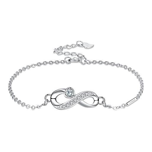 Arrebol bracciale infinito donna argento sterling 925 simbolo infinity bracciali con bianco cuore zirconi con scatola regalo, regolabile 16+4cm