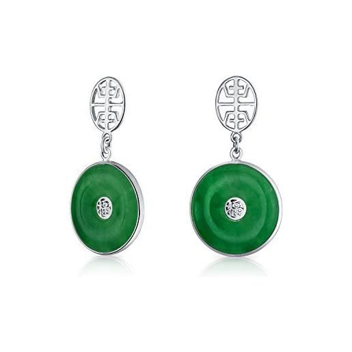 Bling Jewelry stile asiatico cerchio rotondo ciambella buona fortuna fu carattere cinese simbolo tinto verde giada disco orecchini pendenti per le donne. 925 sterling silver