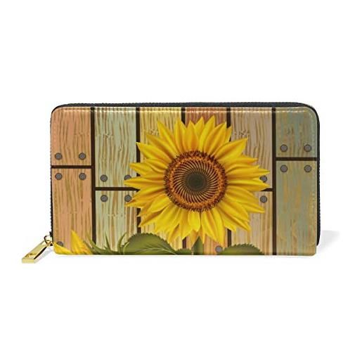 BKEOY borsa lunga in vera pelle con cerniera in legno colorato bordo girasoli portafoglio porta carte di credito borsa