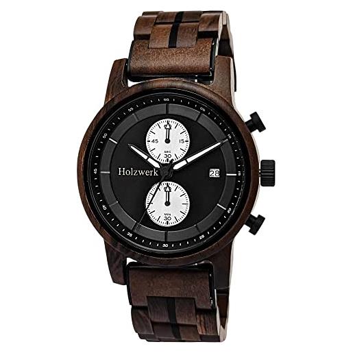 Holzwerk Germany orologio da uomo, realizzato a mano, in legno, eco-naturale, cronografo, analogico, al quarzo, marrone, blu, data in legno, marrone/nero, moderno