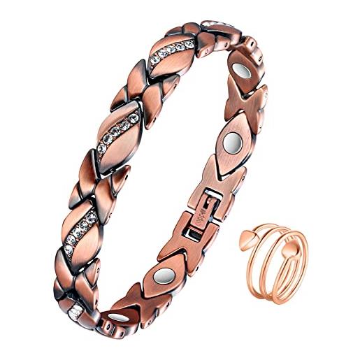 Jeracol bracciale magnetico in rame e anello da donna, brazaletes magnetico con cristalli, braccialetto regolabile in rame massiccio con strumento di rimozione e confezione regalo per gioielli