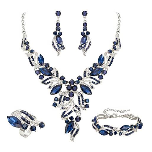 EVER FAITH costume party jewelry art deco marquise cristalli y-shaped collana orecchini pendenti bracciale set di anelli per prom blu argento-fondo