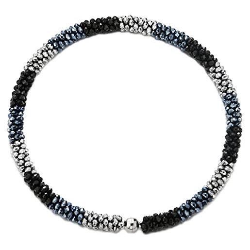 COOLSTEELANDBEYOND statement collana argento blu nero perline cristallo intrecciato catena girocollo choker, chiusura magnetica, festa
