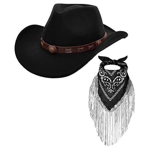 Magicor cappello da cowboy con frange bandana set per le donne a tesa larga western cowgirl hat paisley head wrap sciarpa, nero , m