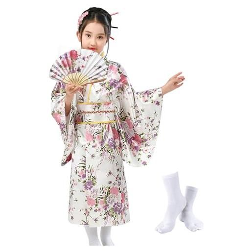 KRUIHAN kimono giapponese per ragazze, stile giapponese tradizionale yukata kimono in raso per ragazze, costumi per bambini, vestito da festa per ragazze, con ventaglio pieghevole e calze tabi, stile a, bianco, 150