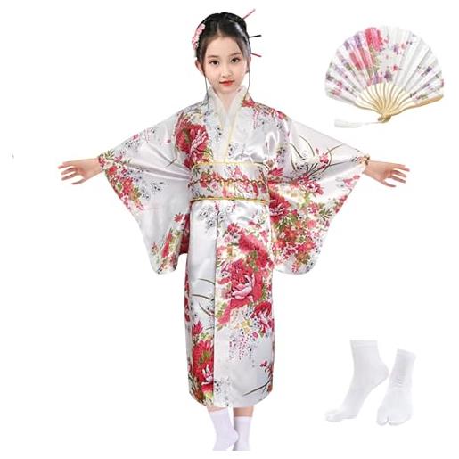 KRUIHAN stile giapponese ragazze kimono tradizionale, bambini yukata robe, imitazione seta raso vestaglia, bambini cosplay costumi abito da festa, con ventaglio pieghevole e calze tabi, stile b, nero, 130