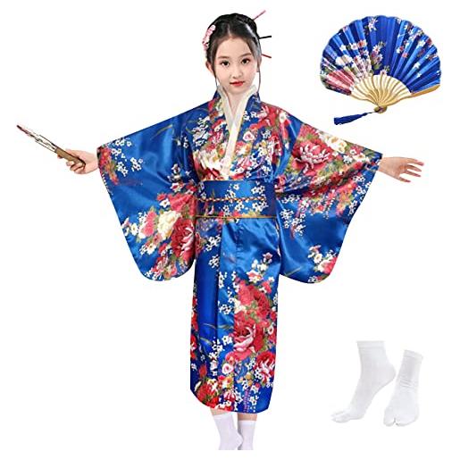 KRUIHAN kimono giapponese per ragazze, stile giapponese tradizionale yukata kimono in raso per ragazze, costumi per bambini, vestito da festa per ragazze, con ventaglio pieghevole e calze tabi, stile a, rosso, 130