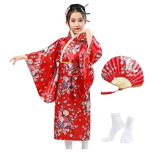 KRUIHAN stile giapponese ragazze kimono tradizionale, bambini yukata robe, imitazione seta raso vestaglia, bambini cosplay costumi abito da festa, con ventaglio pieghevole e calze tabi, stile b, rosso, 150