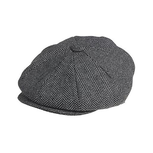 Peaky Blinders, berretto a 8 spicchi piatto in stile "newsboy", lana grey herringbone l (59cm)