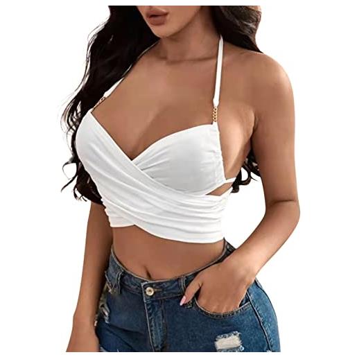 XinxHe women ladies fashion backless top blouse off shoulder v neck sexy top shirt sleeveless solid shirt elegant tops blouse camis for ladies (white, s)