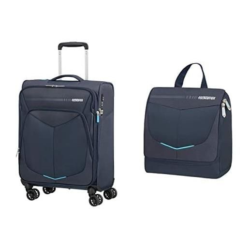 American Tourister spinner, valigia, blu (navy), s exp(55 cm - 43/46 l) + summerfunk, kit di prodotti per l'igiene personale, blu (navy), 25 cm