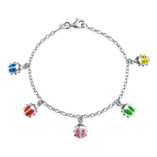 Bling Jewelry buona fortuna giardino fortunato colorato 5 multi coccinella penzolante fascino braccialetto per ragazze adolescenti. 925 argento sterling 6 pollici piccolo polso