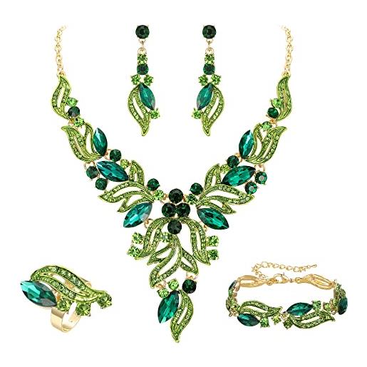 EVER FAITH costume party jewelry art deco marquise cristalli y-shaped collana orecchini pendenti bracciale set di anelli per donna verde oro-fondo