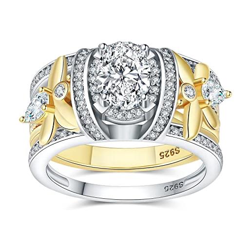 JewelryPalace 1.5ct art deco halo anello infinito donna argento con cubic zirconia, ape anelli impilabili donna argento 925 con pietra ovale, fede nuziale anello fidanzamento dorato set gioielli donna