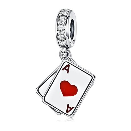 Qings ciondolo di giocando a carte in argento 925, poker asso di cuori picche charm ciondolo fortunato adatto a tutti i tipi di bracciali e collane per donne e ragazze