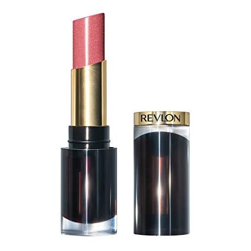 Revlon super lustrous glass shine lipstick beaming strawberry, rossetto labbra dal colore brillante, formula cremosa e idratante con acido ialuronico, aloe e quarzo rosa