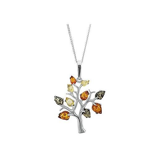 Kiara Jewellery - collana con ciondolo a forma di albero della vita, in argento sterling 925 con ambra mista, lunghezza 45,7 cm, con catenina a maglia barbazzale o traccia. 