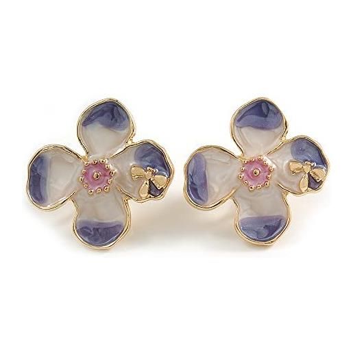Avalaya orecchini a clip a forma di fiore smaltato color oro, 23 mm, colore: viola/rosa/bianco, metallo