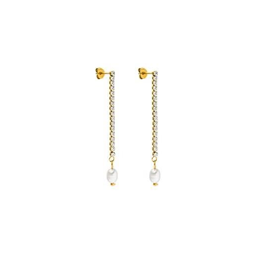 Purelei® orecchini shimmering pearl (oro, argento, oro rosa), impermeabili, da donna, in acciaio inox con pietre preziose e perle, regalo per donne, lunghezza 48 mm, acciaio inossidabile