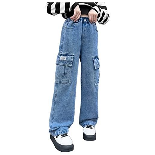Happy Cherry jeans ragazze in denim pantaloni larghi vita alta jeans con tasche pantaloni lunghi denim blu dritto vintage per bambina, 6-7 anni